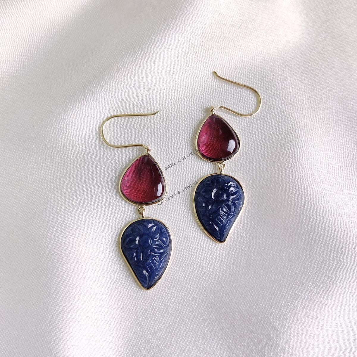 Natural Rubellite Tourmaline & Carved Blue Sapphire 14K Solid Yellow Gold Earrings