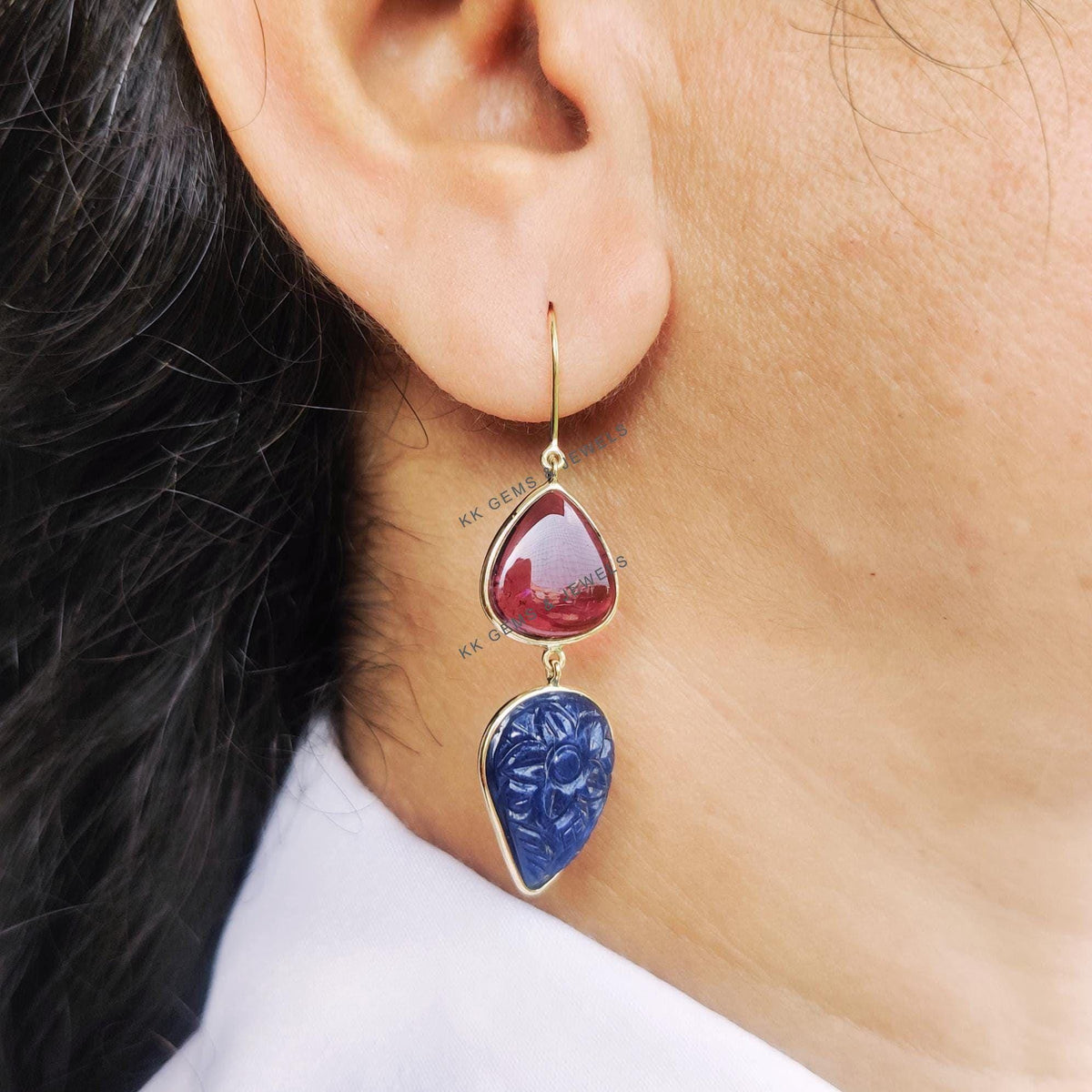 Natural Rubellite Tourmaline & Carved Blue Sapphire 14K Solid Yellow Gold Earrings