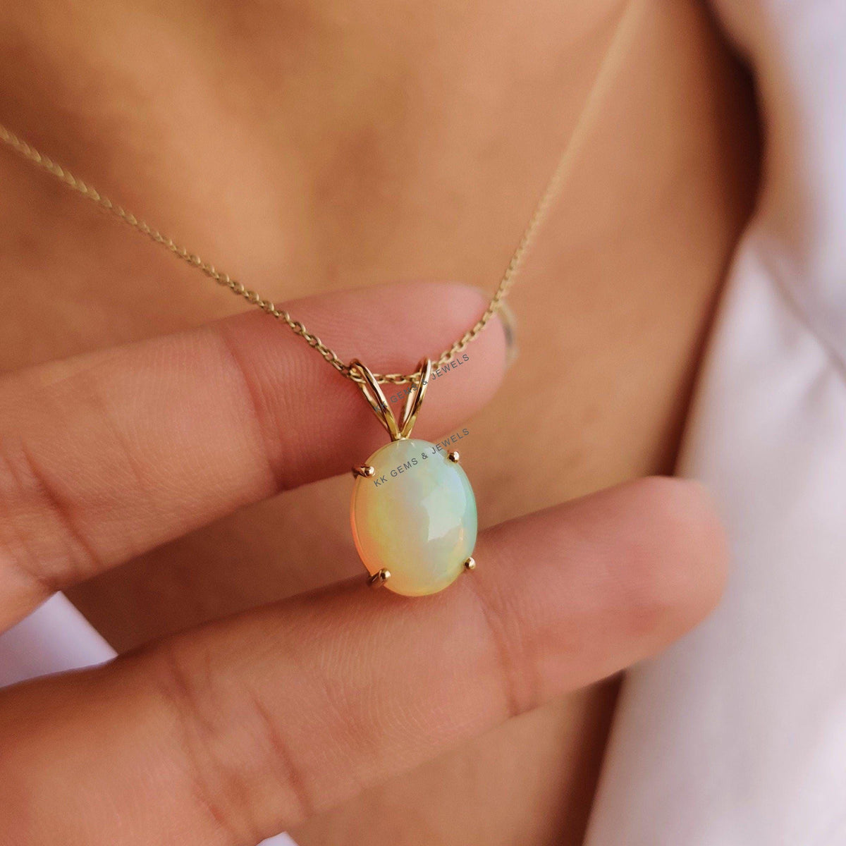 14K Solid Gold Natural Ethiopian Opal Pendant Necklace: Dainty October Birthstone