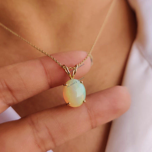 14K Solid Gold Natural Ethiopian Opal Pendant Necklace: Dainty October Birthstone