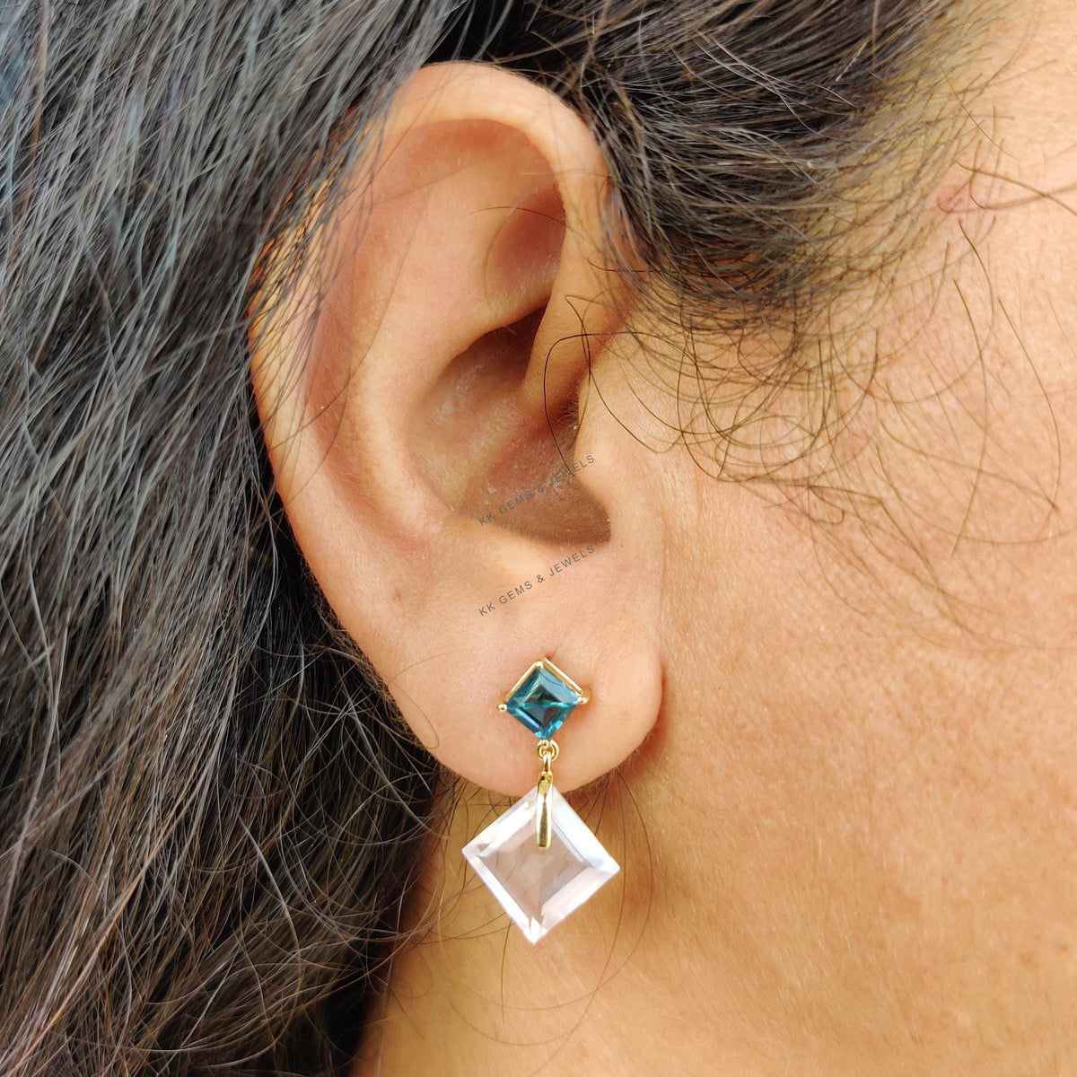 14K Solid Yellow Gold Natural Rose Quartz & London Blue Topaz Earrings: January December Birthstone
