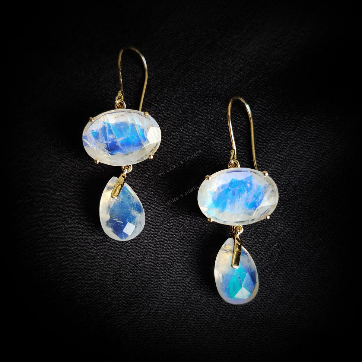 14K Solid Yellow Gold Natural Rainbow Moonstone Dangle Earrings, June Birthstone