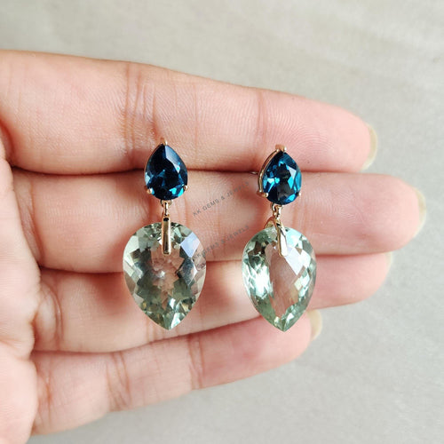 14K Solid Gold Natural Green Amethyst & London Blue Topaz Earrings: February December Birthstone