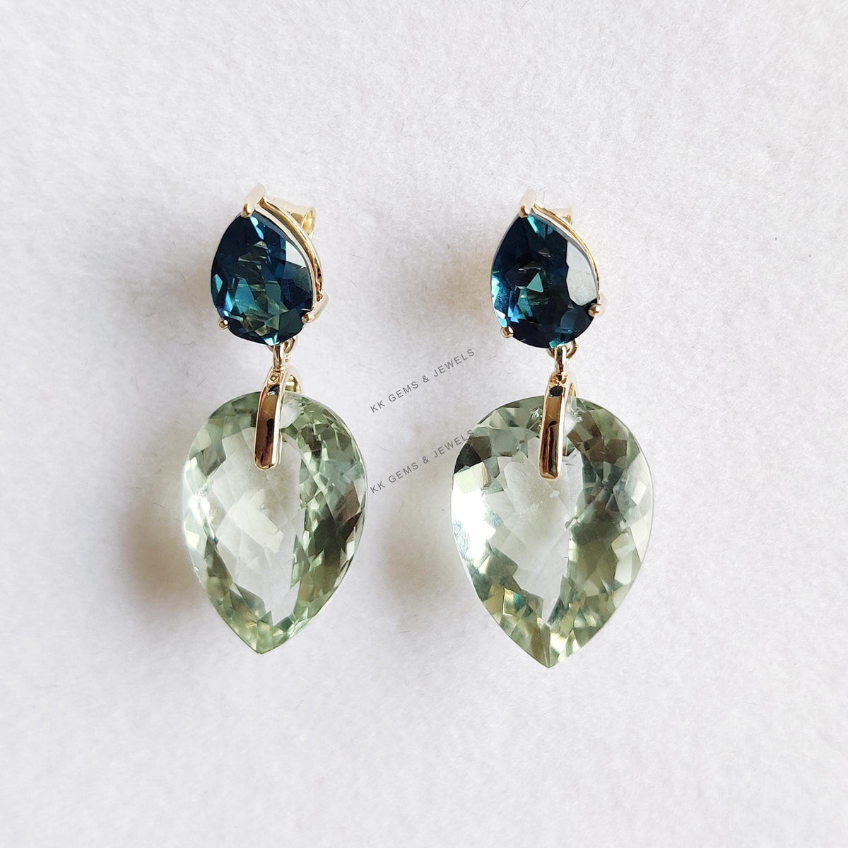 14K Solid Gold Natural Green Amethyst & London Blue Topaz Earrings: February December Birthstone