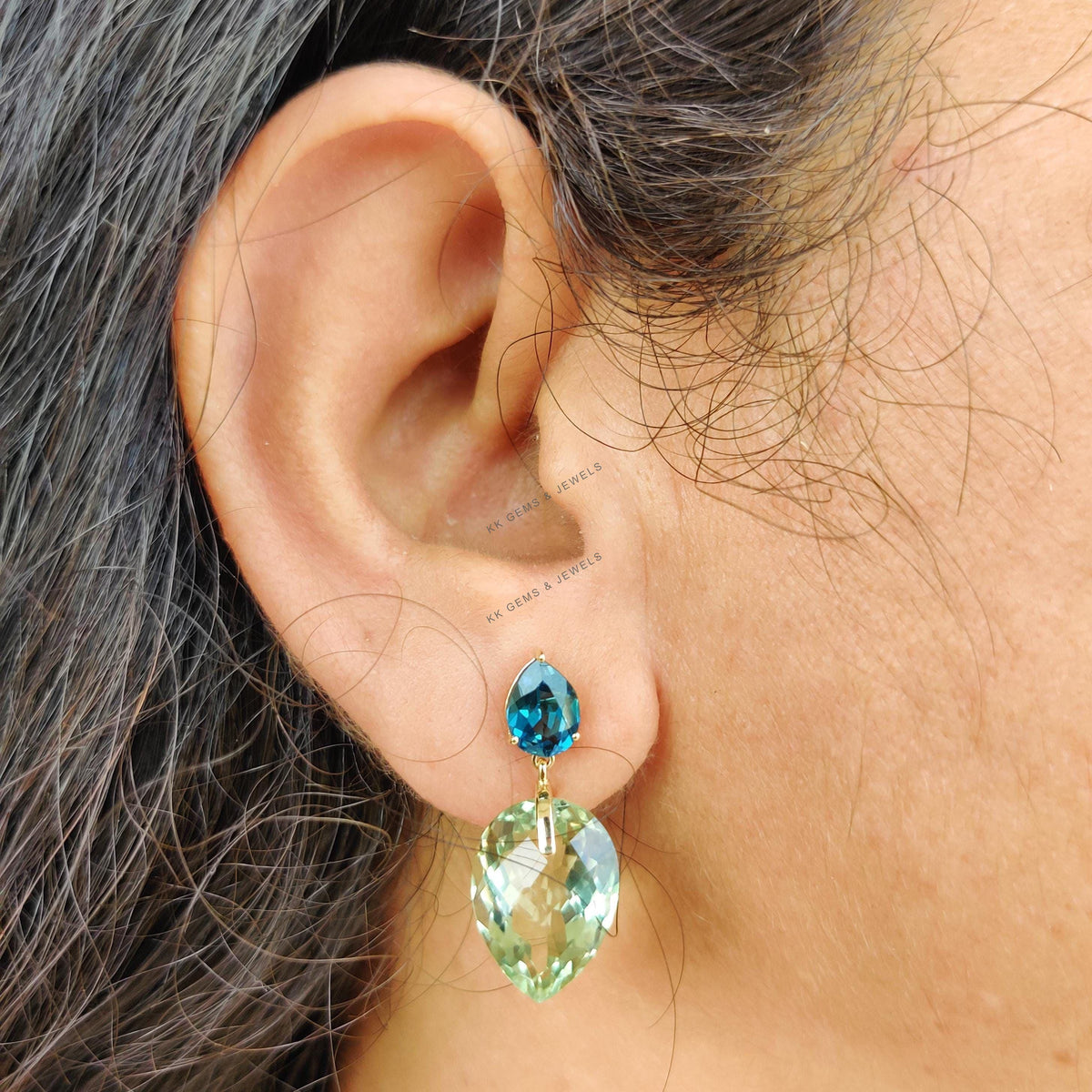 14K Solid Gold Natural Green Amethyst & London Blue Topaz Earrings: February December Birthstone