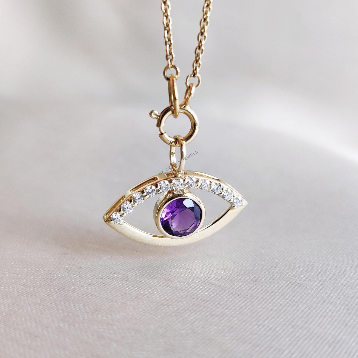14K Solid Gold Natural Purple Amethyst & Diamond Evil Eye Pendant - February Birthstone