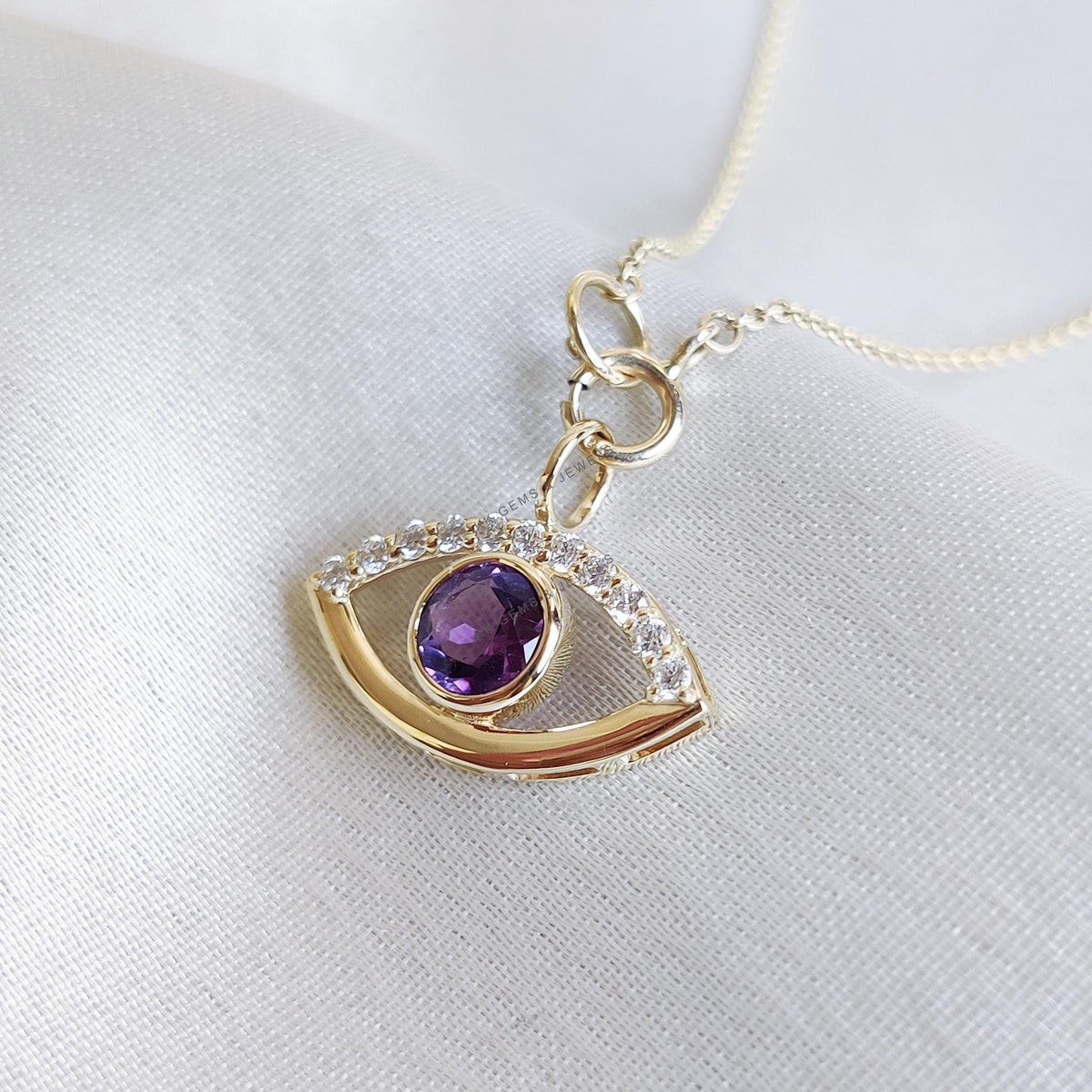 14K Solid Gold Natural Purple Amethyst & Diamond Evil Eye Pendant - February Birthstone