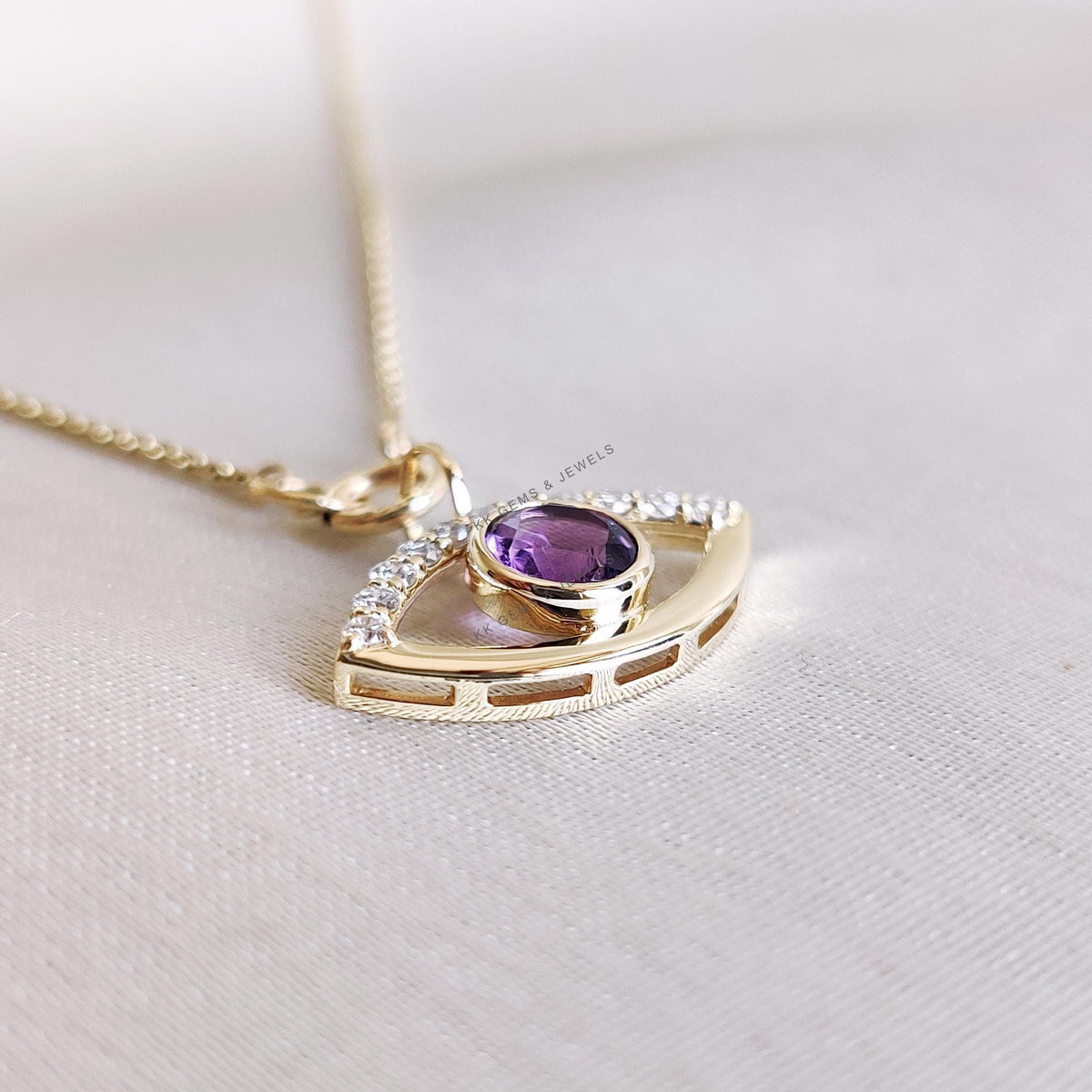 14K Solid Gold Natural Purple Amethyst & Diamond Evil Eye Pendant - February Birthstone