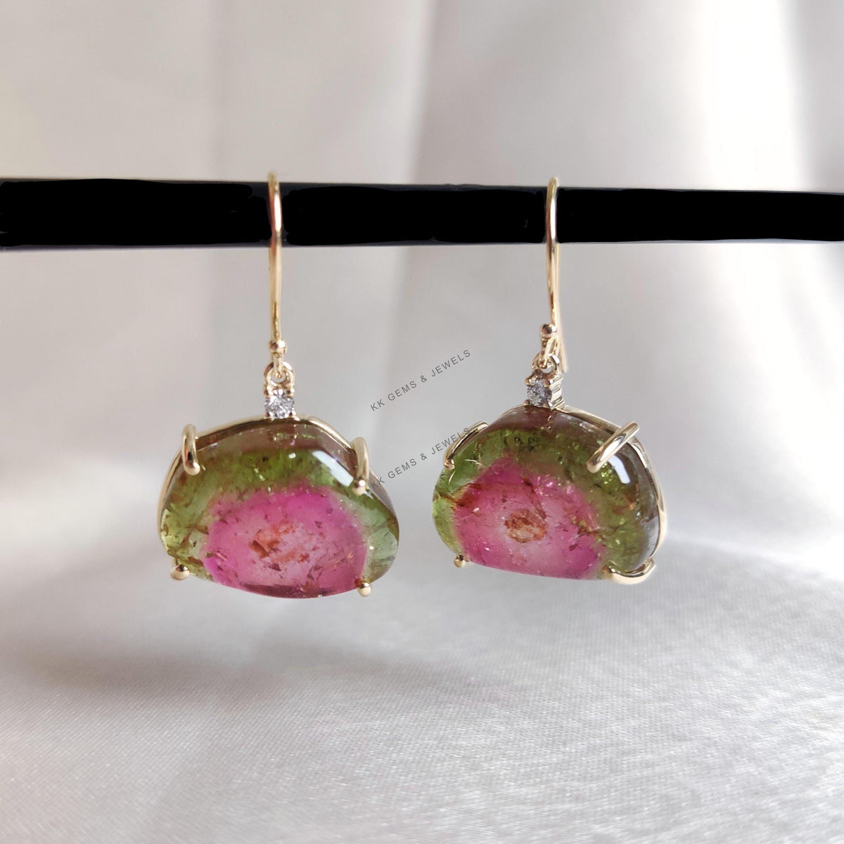 Natural Multi Tourmaline & Diamond Earrings, 14K Solid Yellow Gold, October Birthstone