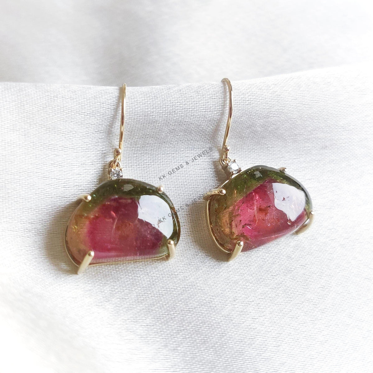 Natural Multi Tourmaline & Diamond Earrings, 14K Solid Yellow Gold, October Birthstone
