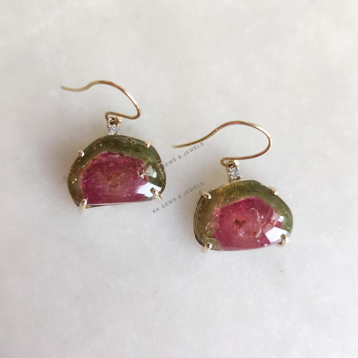 Natural Multi Tourmaline & Diamond Earrings, 14K Solid Yellow Gold, October Birthstone