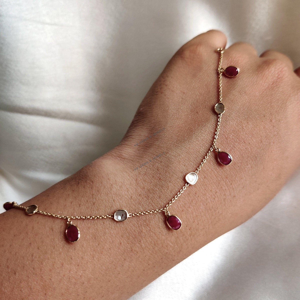 Natural Ruby & Diamond Polki Bracelet, 14K Solid Yellow Gold, July Birthstone