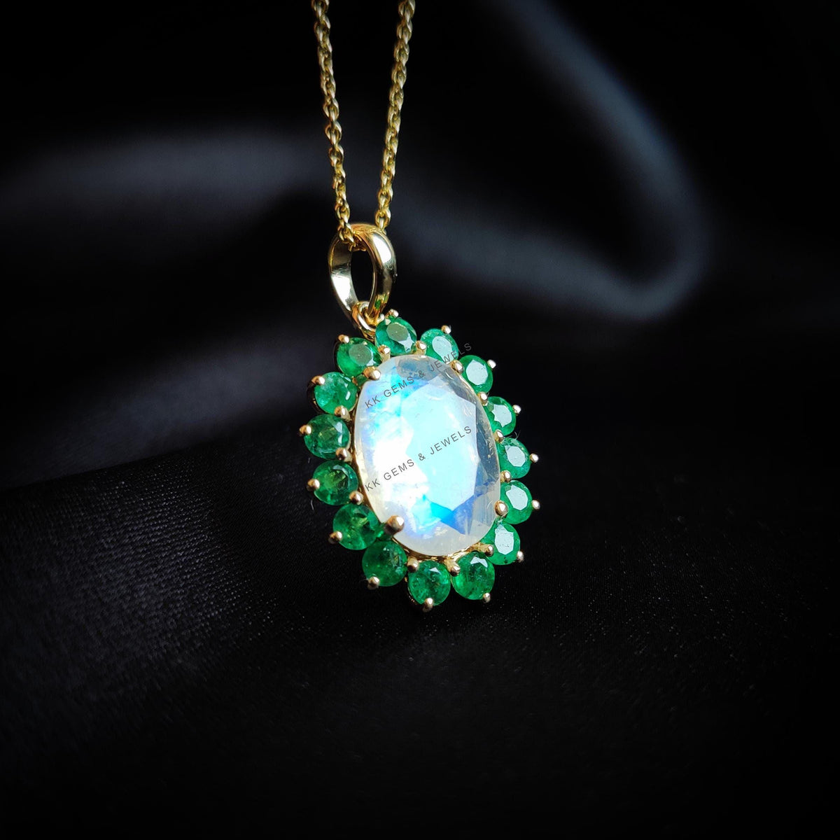 Natural Rainbow Moonstone & Emerald Pendant, 14K Solid Gold Pendant - June May Birthstone