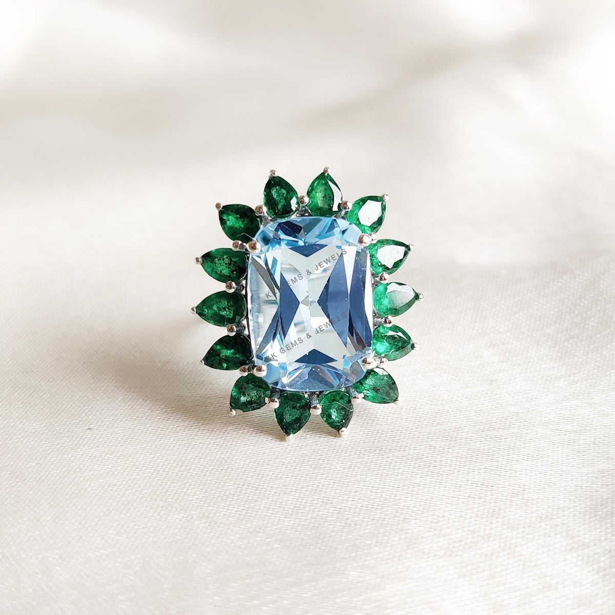 Natural Sky Blue Topaz & Emerald Ring, 14K Solid White Gold, May December Birthstone