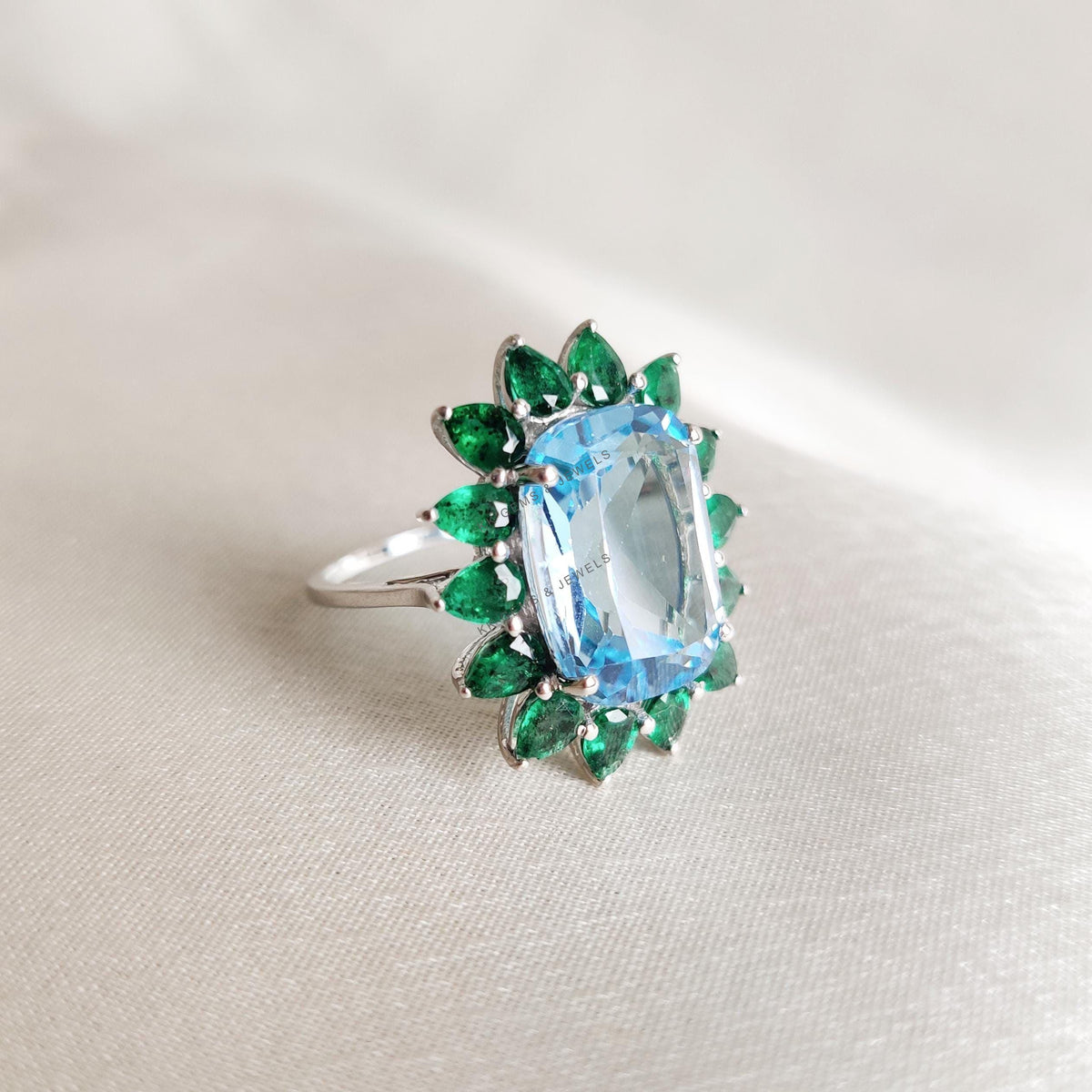Natural Sky Blue Topaz & Emerald Ring, 14K Solid White Gold, May December Birthstone
