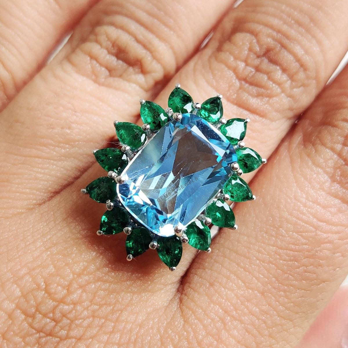 Natural Sky Blue Topaz & Emerald Ring, 14K Solid White Gold, May December Birthstone