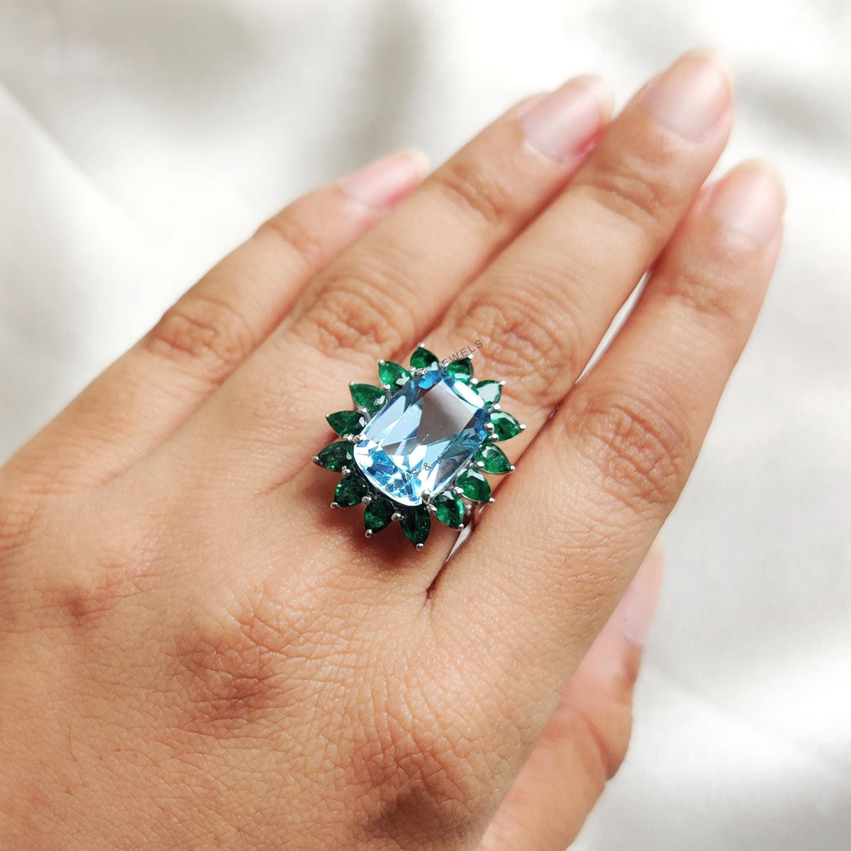 Natural Sky Blue Topaz & Emerald Ring, 14K Solid White Gold, May December Birthstone