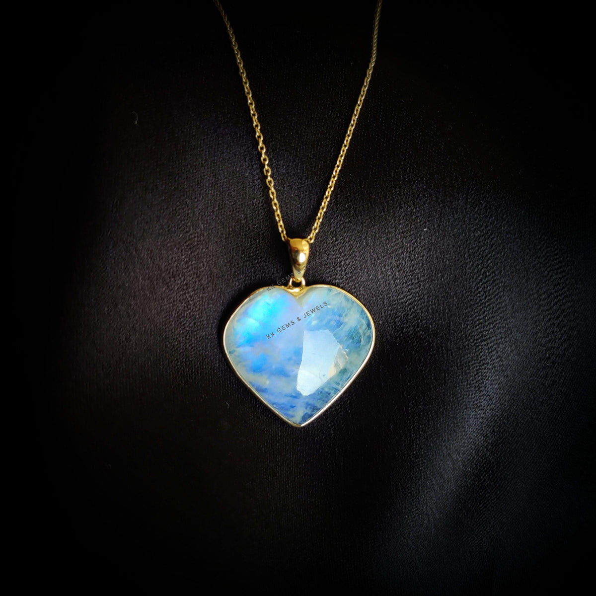 14K Solid Gold Natural Rainbow Moonstone Heart Pendant - June Birthstone