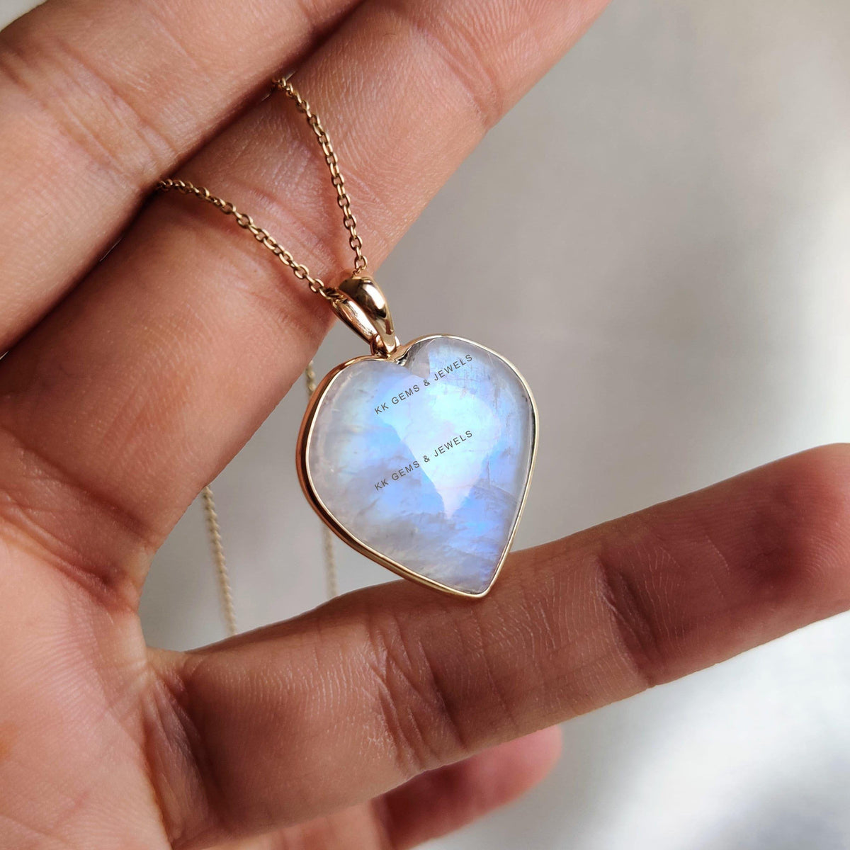 14K Solid Gold Natural Rainbow Moonstone Heart Pendant - June Birthstone