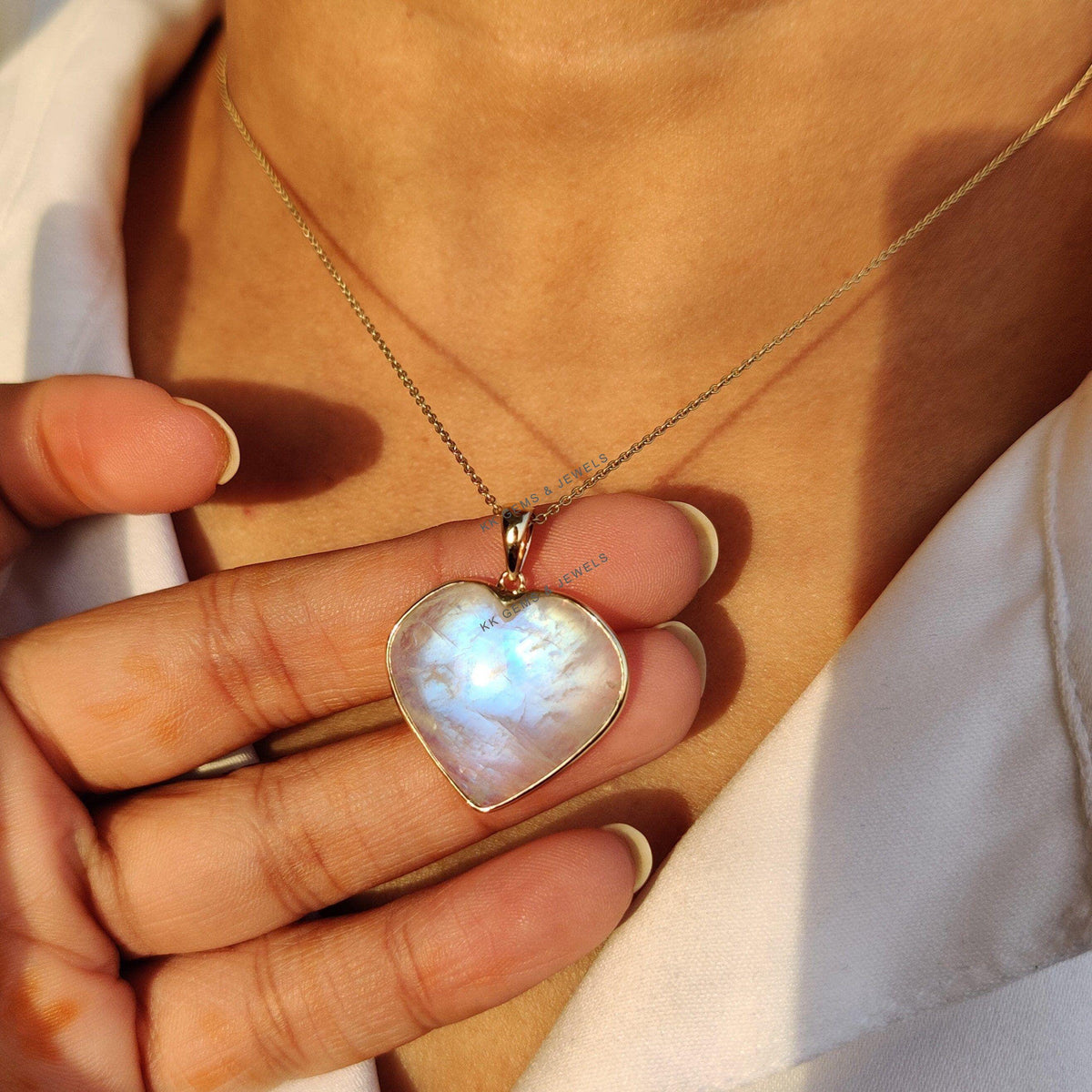 14K Solid Gold Natural Rainbow Moonstone Heart Pendant - June Birthstone