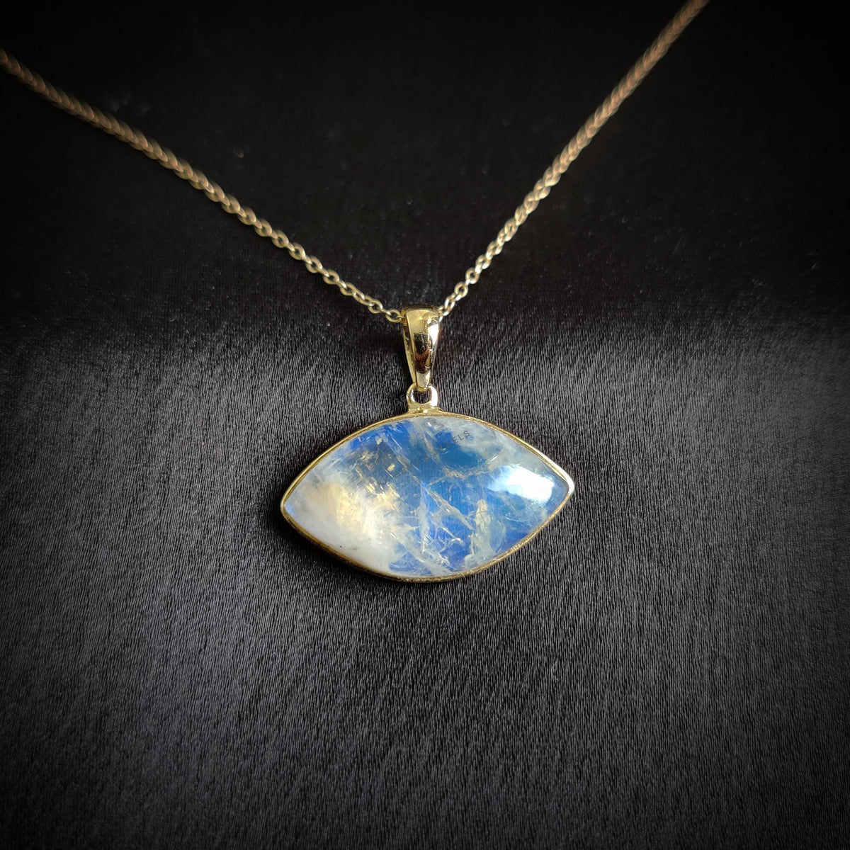Natural Rainbow Moonstone 14K Solid Gold Marquise Pendant, June Birthstone