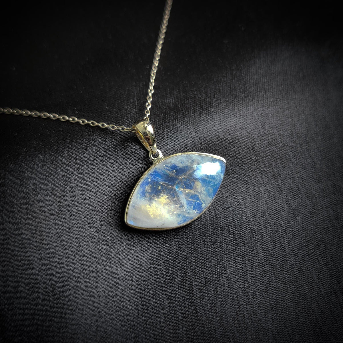 Natural Rainbow Moonstone 14K Solid Gold Marquise Pendant, June Birthstone