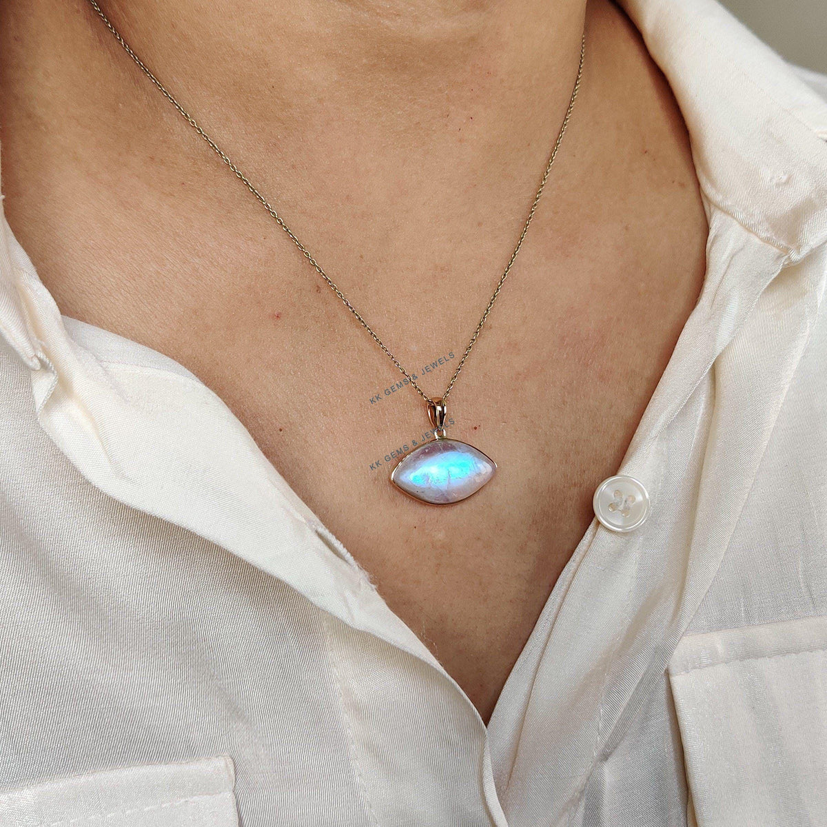 Natural Rainbow Moonstone 14K Solid Gold Marquise Pendant, June Birthstone