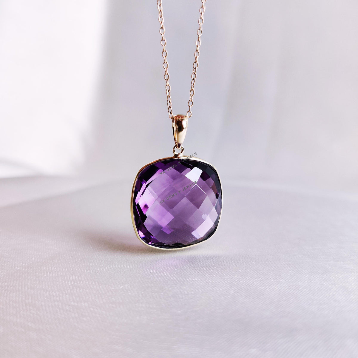 14K Solid Yellow Gold Natural Purple Amethyst Pendant: February Birthstone Jewelry