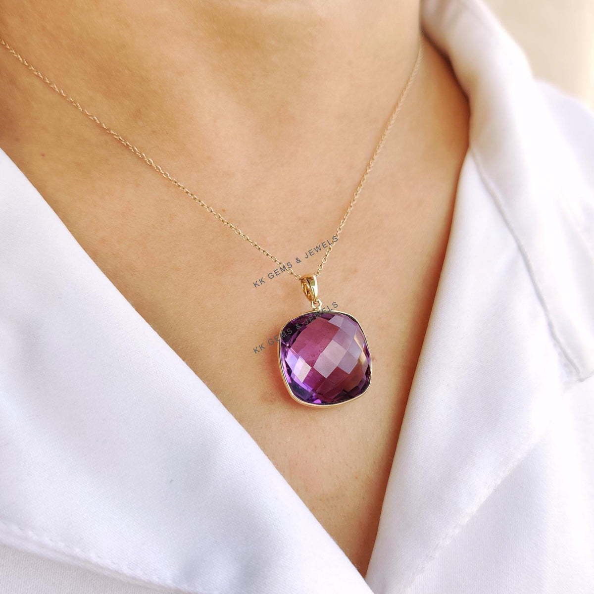 14K Solid Yellow Gold Natural Purple Amethyst Pendant: February Birthstone Jewelry
