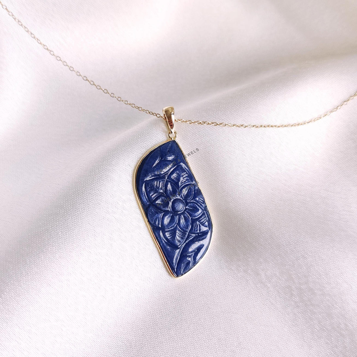 Carved Natural Blue Sapphire Pendant, 14K Solid Yellow Gold, September Birthstone