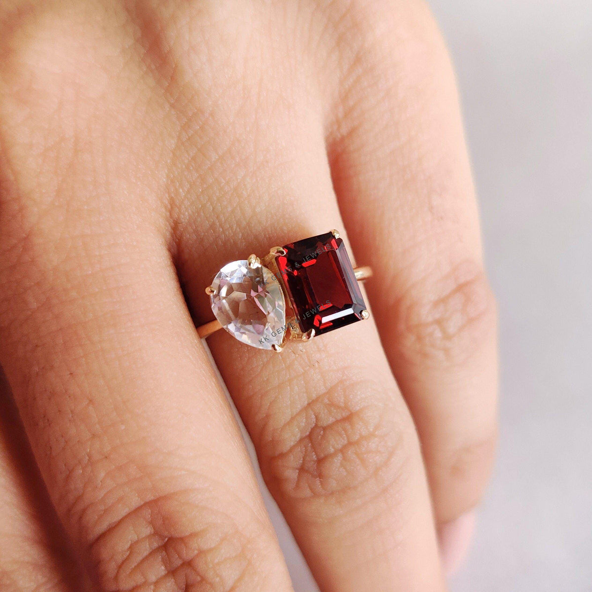 Natural Garnet & White Topaz Ring, Toi et Moi Ring, 14K Solid Yellow Gold, Emerald Pear Cut