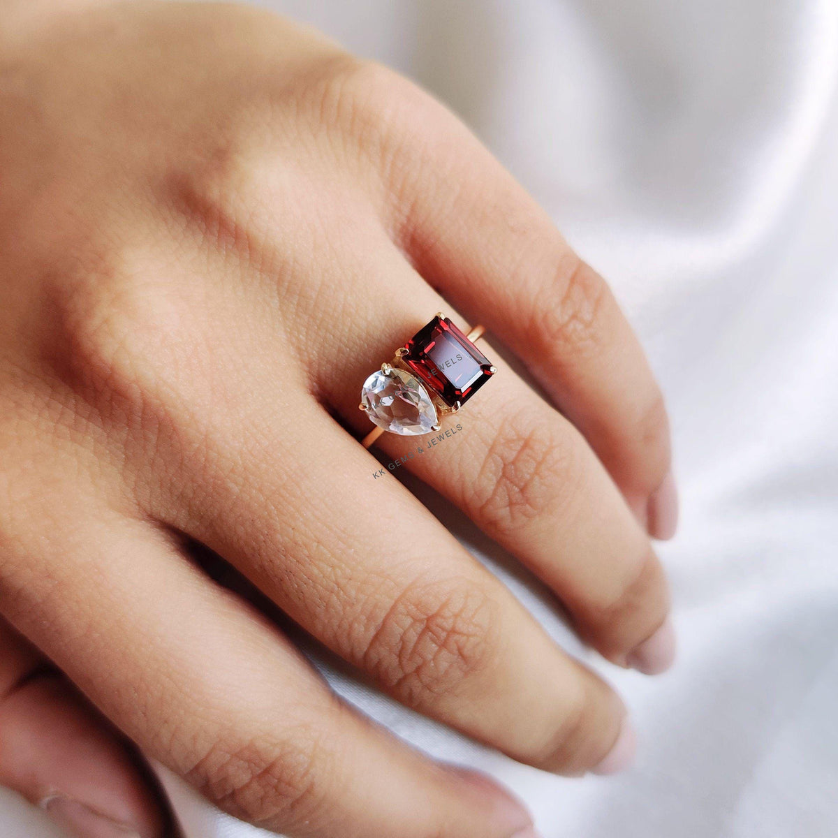 Natural Garnet & White Topaz Ring, Toi et Moi Ring, 14K Solid Yellow Gold, Emerald Pear Cut