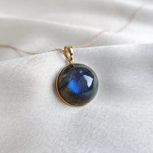 14K Solid Gold Natural Labradorite Pendant: Round Cabochon Bezel Setting