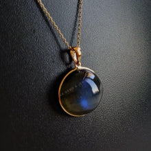 14K Solid Gold Natural Labradorite Pendant: Round Cabochon Bezel Setting