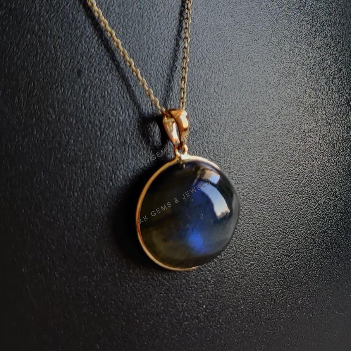 14K Solid Gold Natural Labradorite Pendant: Round Cabochon Bezel Setting