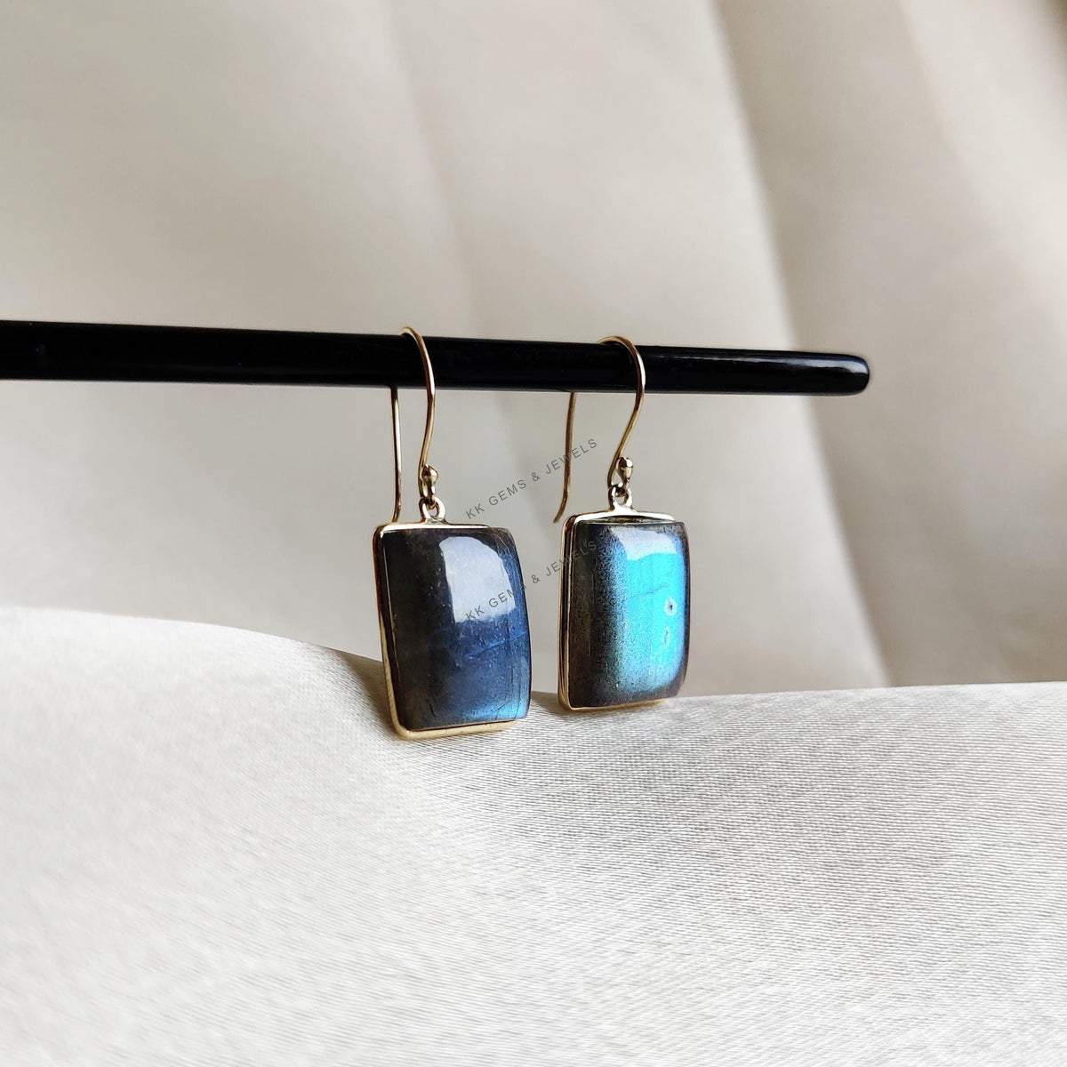 14K Solid Yellow Gold Natural Labradorite Earrings, August Birthstone Jewelry