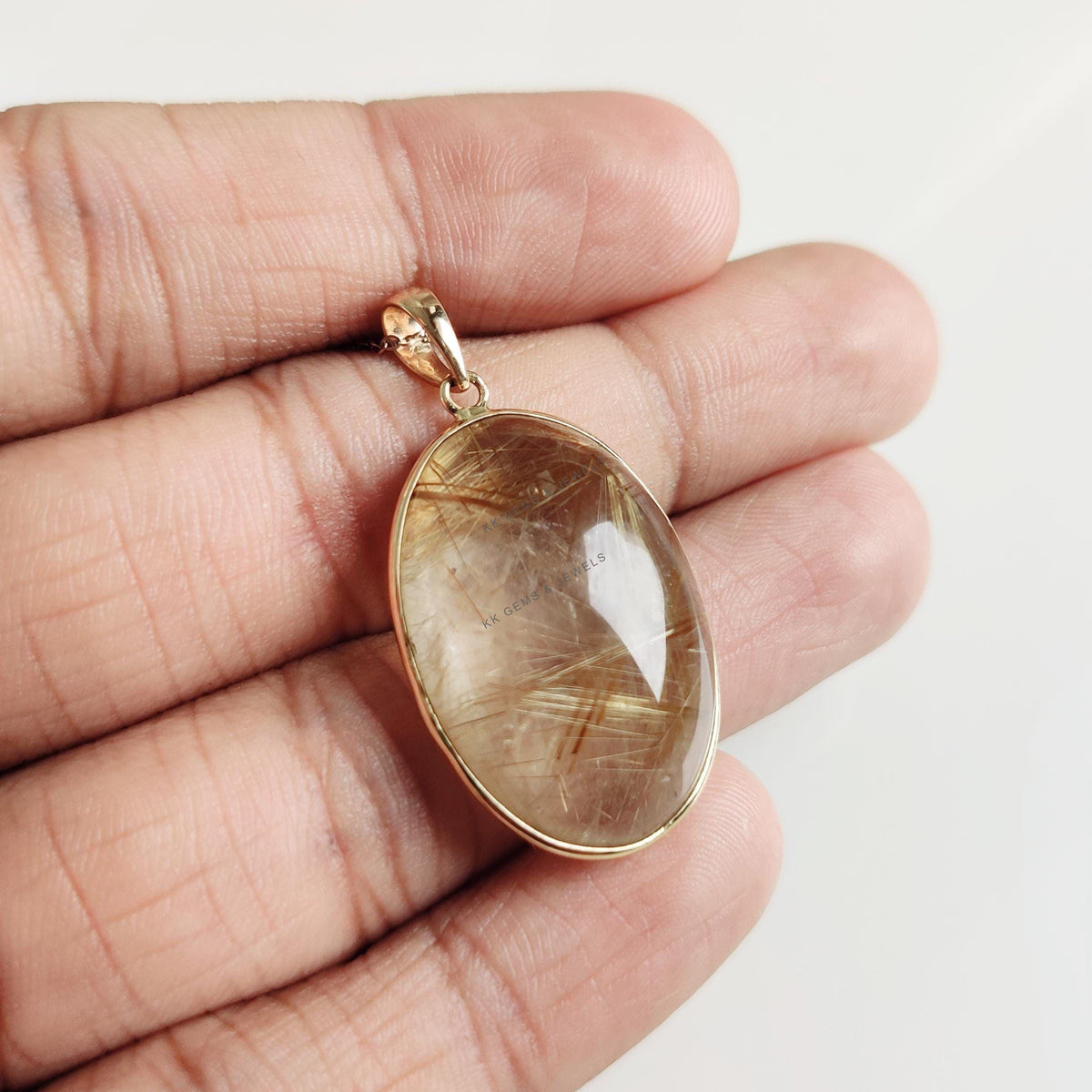 14K Solid Yellow Gold Natural Golden Rutile Pendant Necklace: April Birthstone