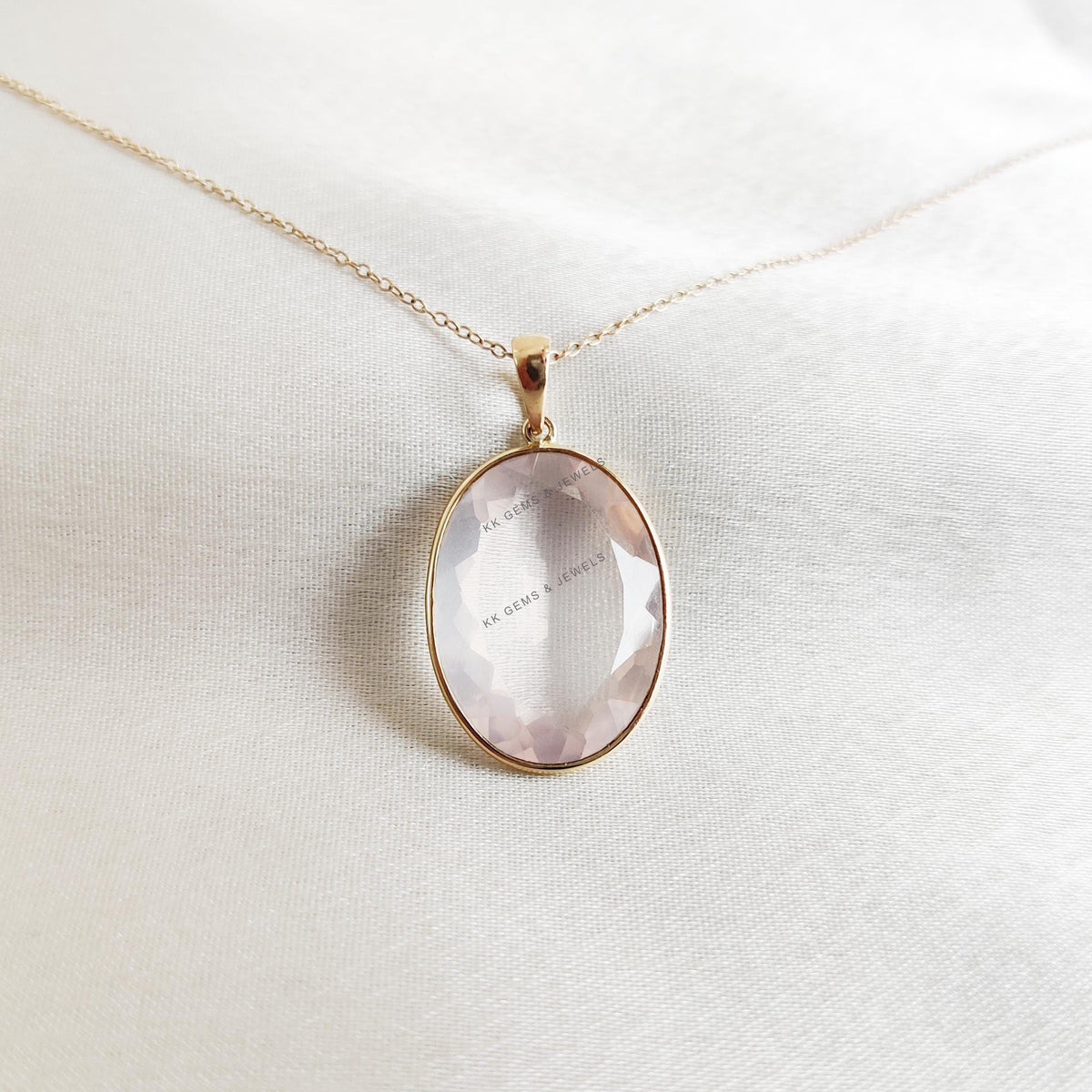 14K Solid Yellow Gold Natural Rose Quartz Bezel Pendant, January Birthstone