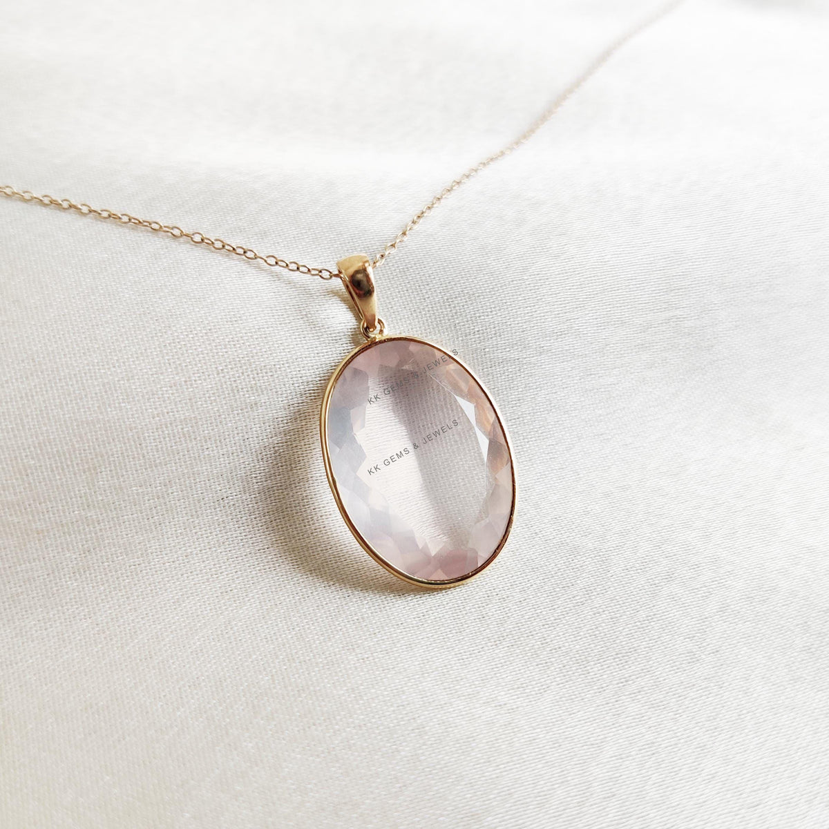 14K Solid Yellow Gold Natural Rose Quartz Bezel Pendant, January Birthstone