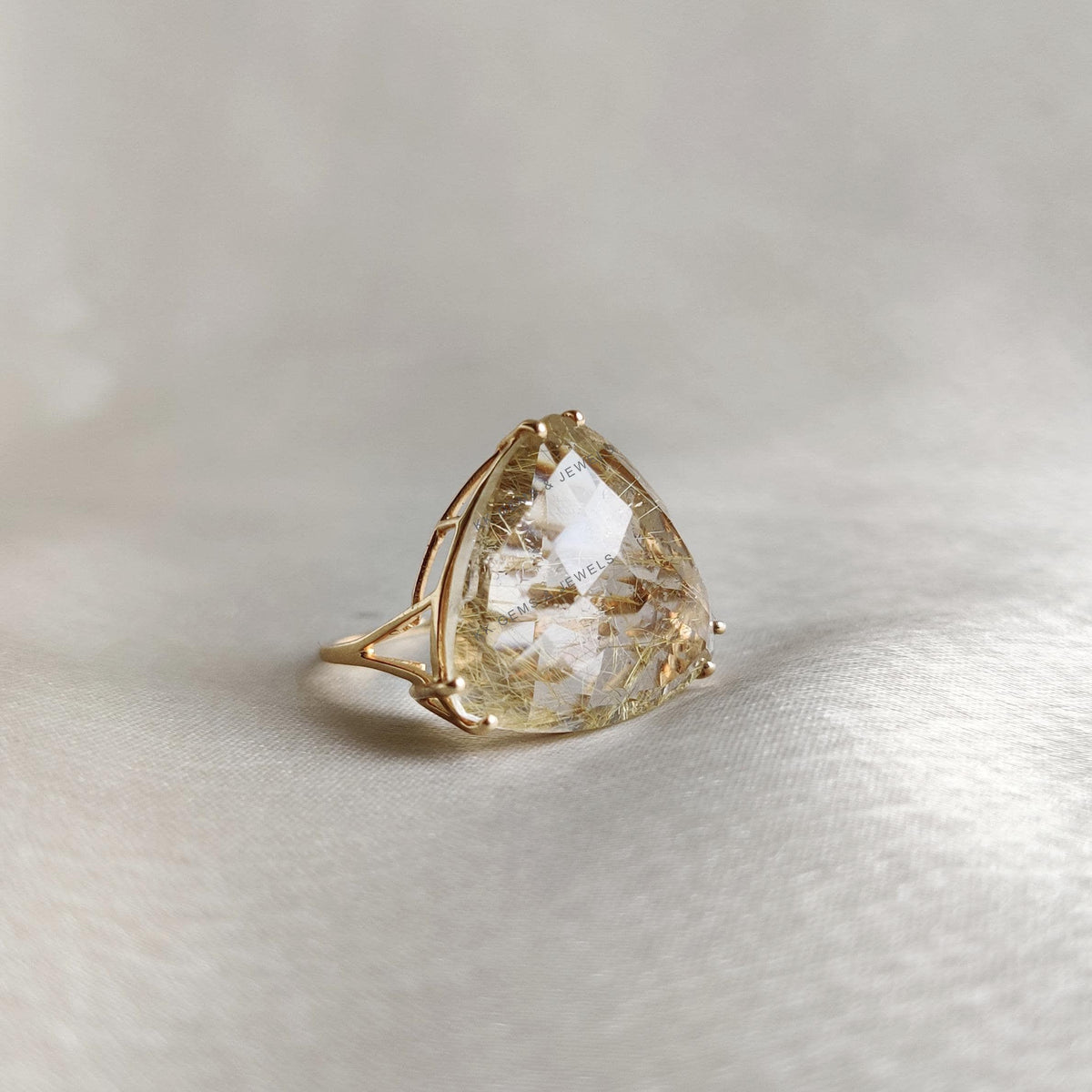 14K Solid Yellow Gold Trillion Natural Golden Rutile Ring: April Birthstone, Prong Ring