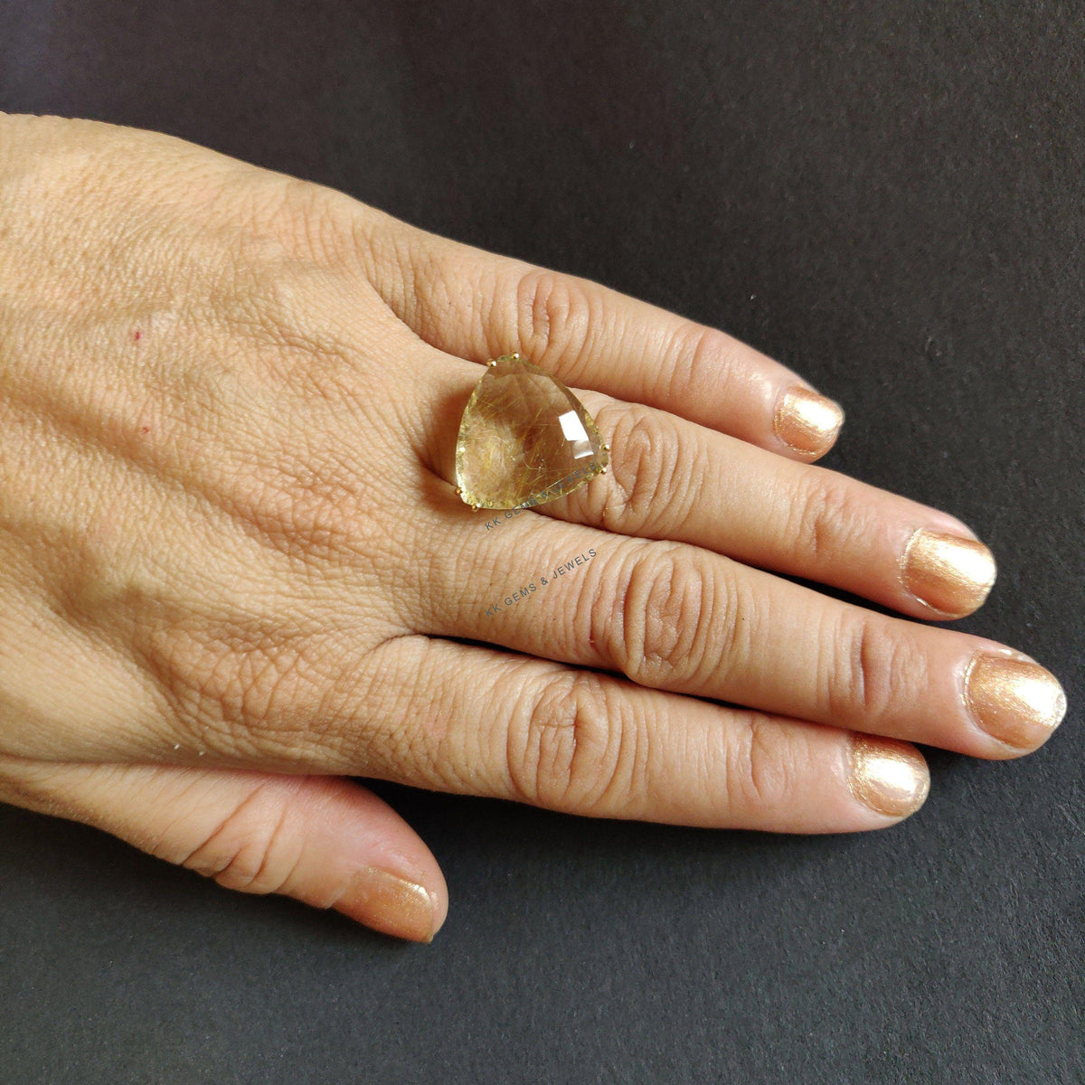 14K Solid Yellow Gold Trillion Natural Golden Rutile Ring: April Birthstone, Prong Ring