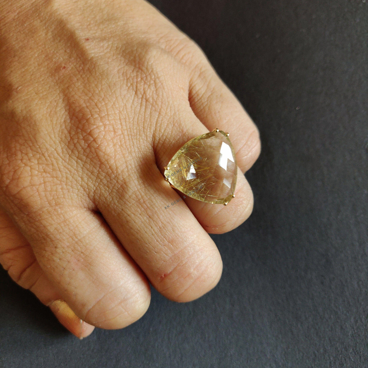 14K Solid Yellow Gold Trillion Natural Golden Rutile Ring: April Birthstone, Prong Ring