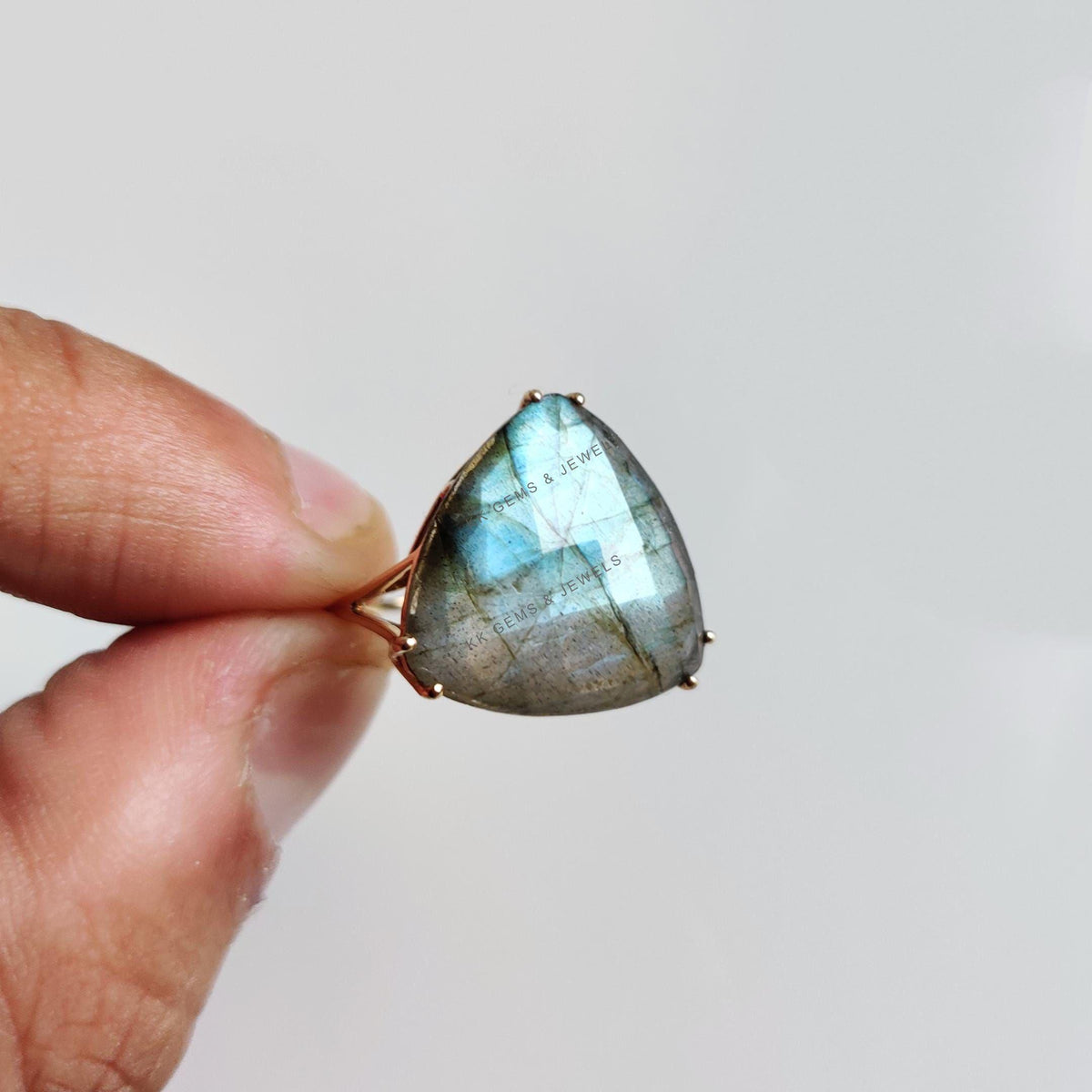 Natural Labradorite Ring, 14K Solid Yellow Gold Trillion Prong Statement Ring