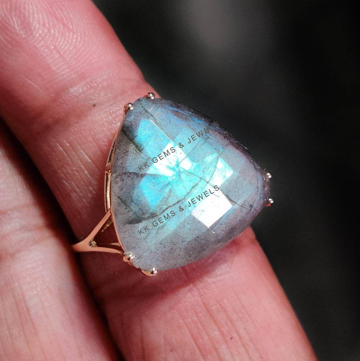Natural Labradorite Ring, 14K Solid Yellow Gold Trillion Prong Statement Ring