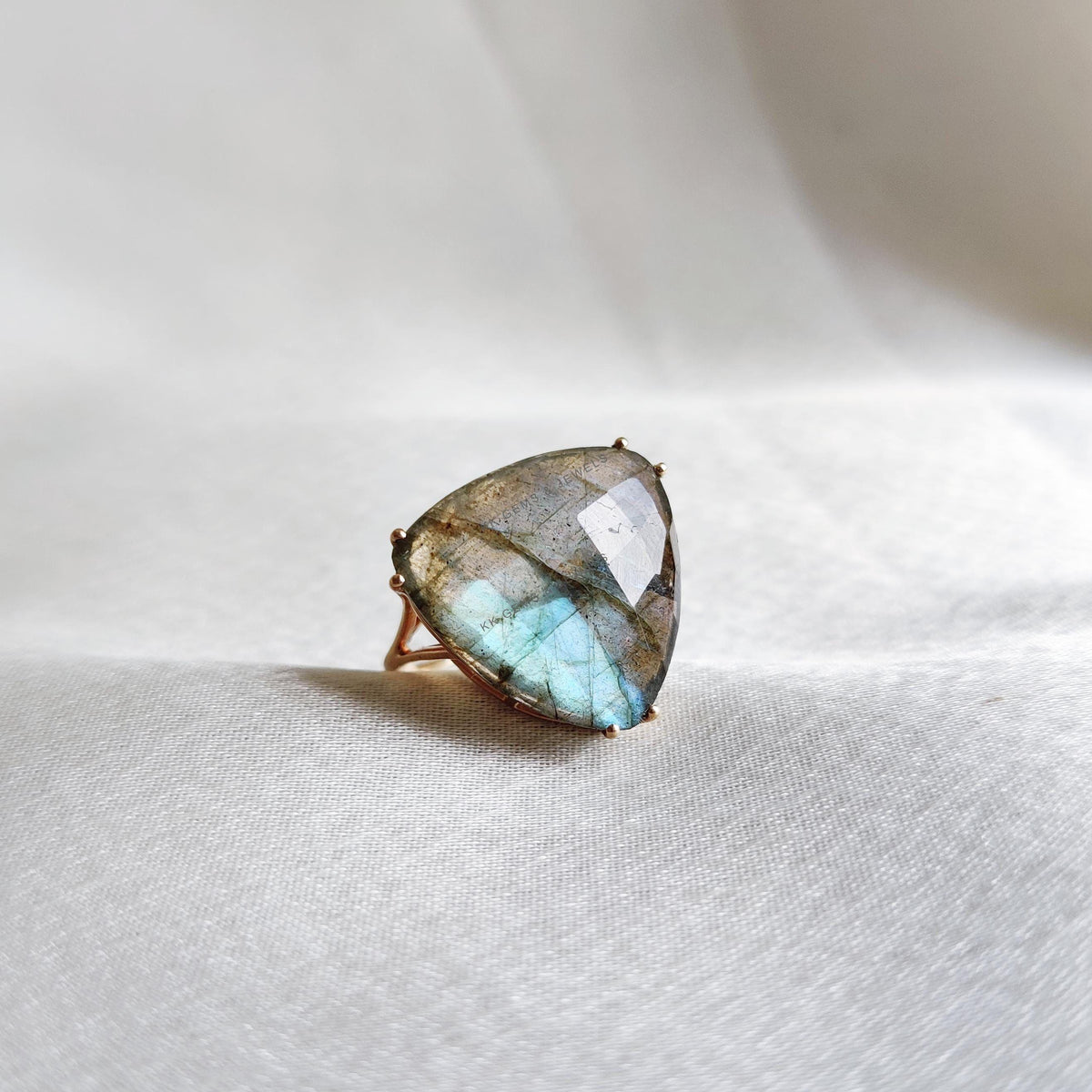 Natural Labradorite Ring, 14K Solid Yellow Gold Trillion Prong Statement Ring