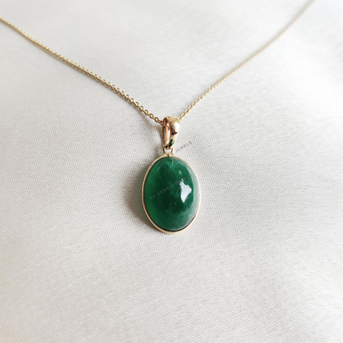 Natural Emerald Pendant, 14K Solid Yellow Gold Oval Cabochon, May Birthstone