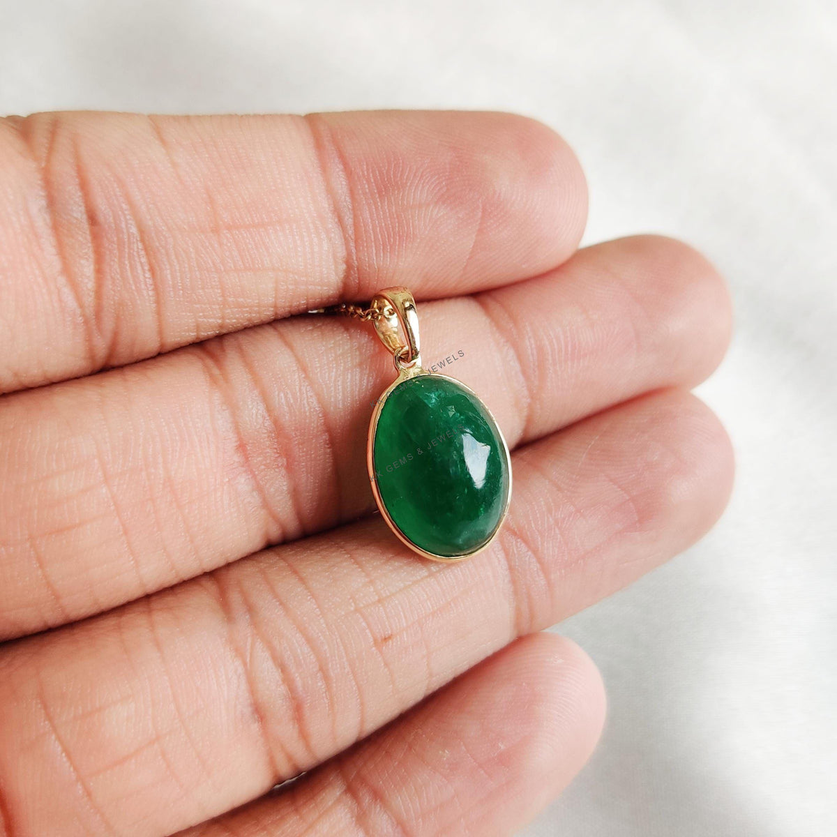 Natural Emerald Pendant, 14K Solid Yellow Gold Oval Cabochon, May Birthstone