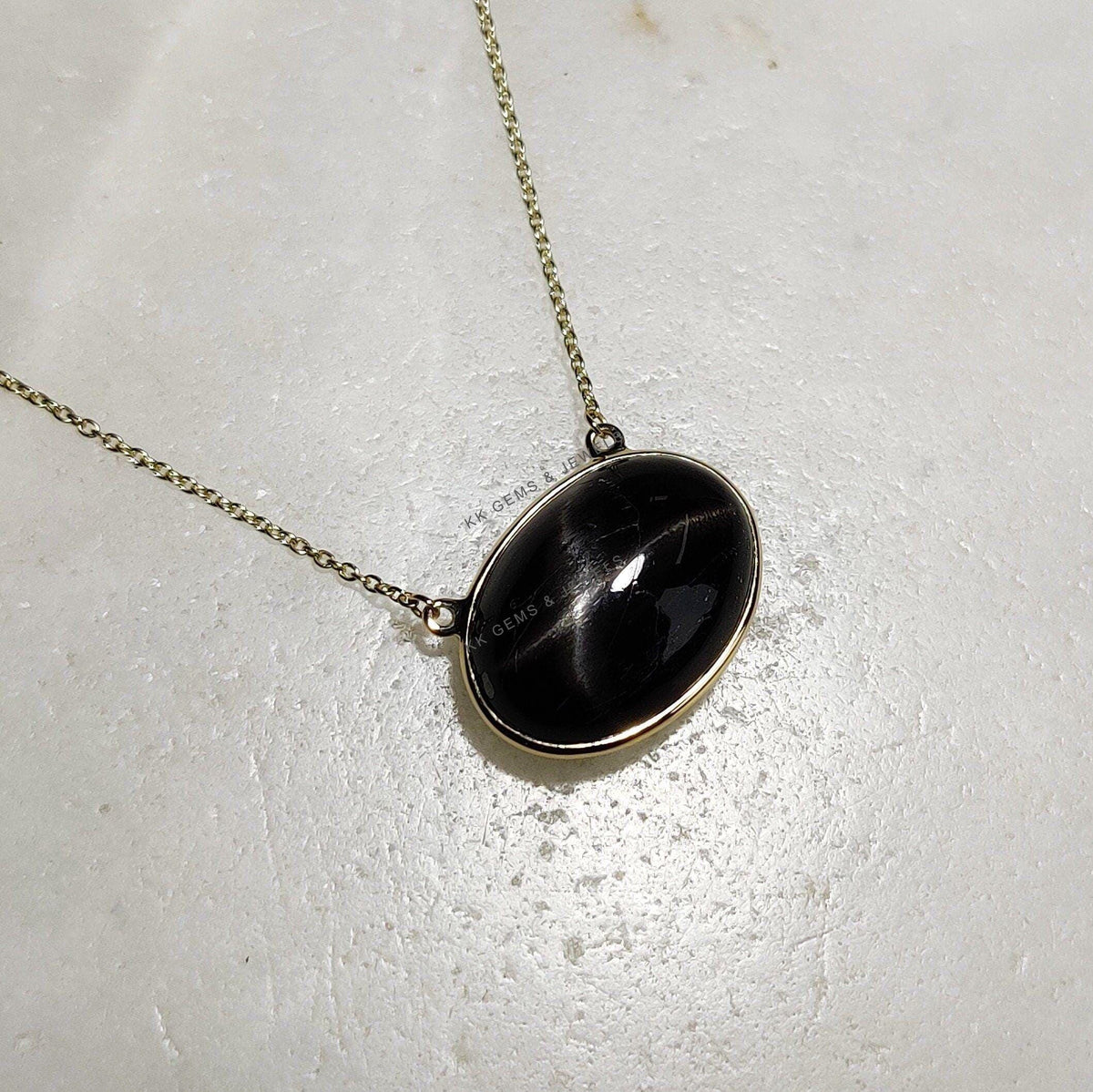 14K Solid Yellow Gold Natural Black Star Diopside Pendant Necklace, March Birthstone