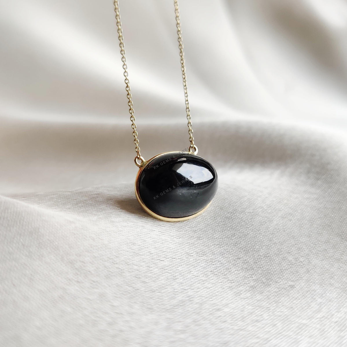 14K Solid Yellow Gold Natural Black Star Diopside Pendant Necklace, March Birthstone