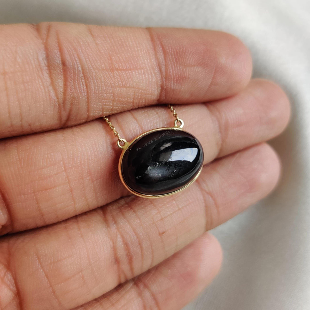 14K Solid Yellow Gold Natural Black Star Diopside Pendant Necklace, March Birthstone